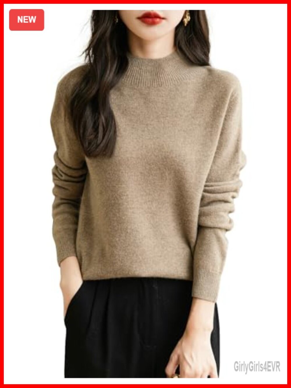 100% Merino Wool Seamless Mock Neck Long Sleeve Pullover Sweater